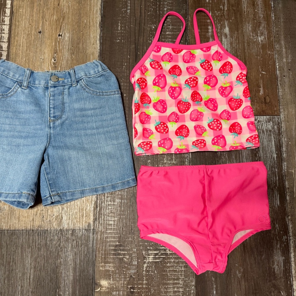 Girls Pink Strawberry Tankini Set with Denim Shorts